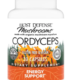 Host Defense Lion's Mane dietary supplement bottle, featuring 30 capsules, labeled for memory and nerve support, gluten-free and vegan, with organic mushroom mycelium.