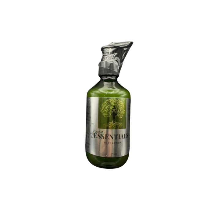 Green Essentials Naturally body lotion bottle with a green label, featuring a tree logo and silver accents, promoting natural beauty products for relaxation and self-care.