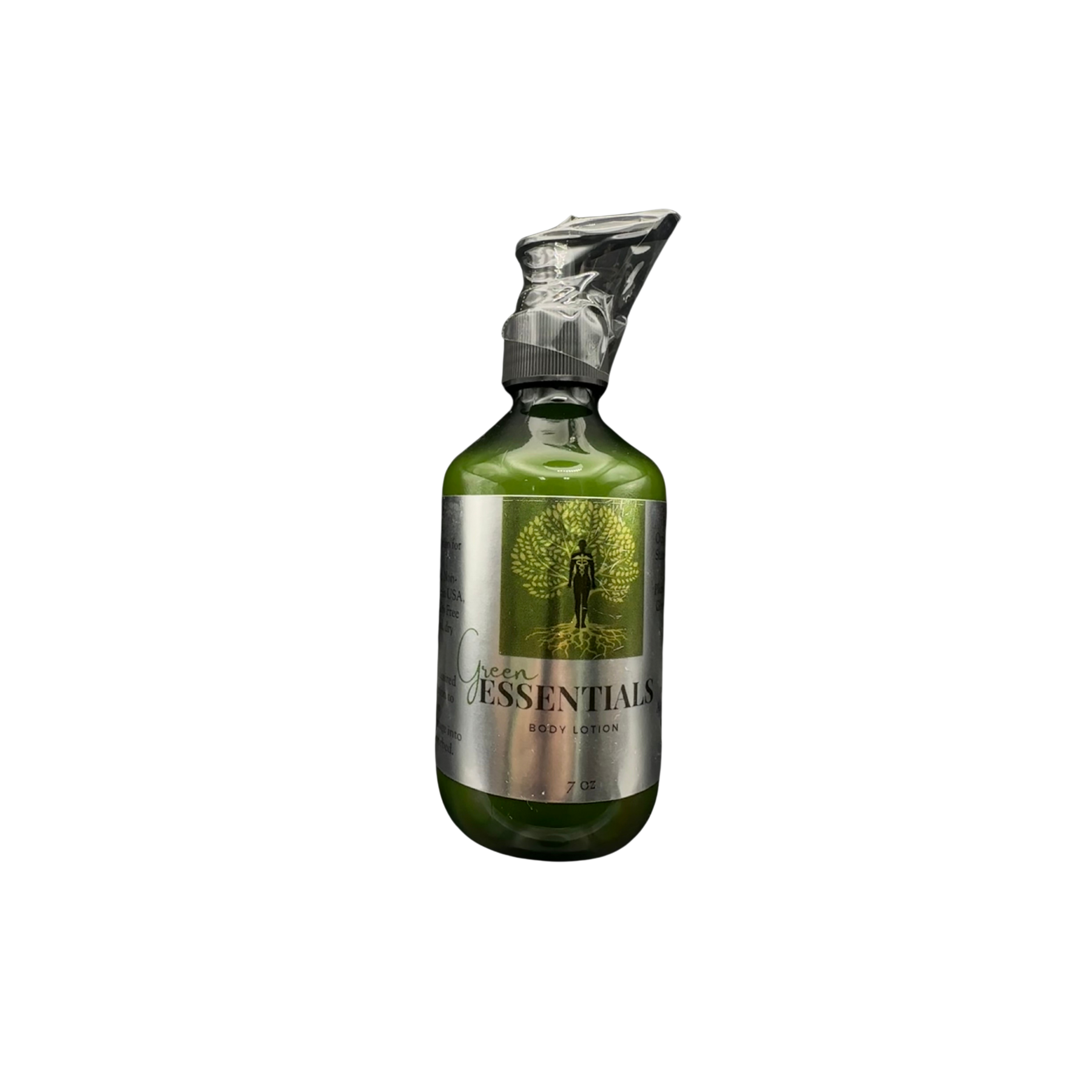 Green Essentials Naturally body lotion bottle with a green label, featuring a tree logo and silver accents, promoting natural beauty products for relaxation and self-care.