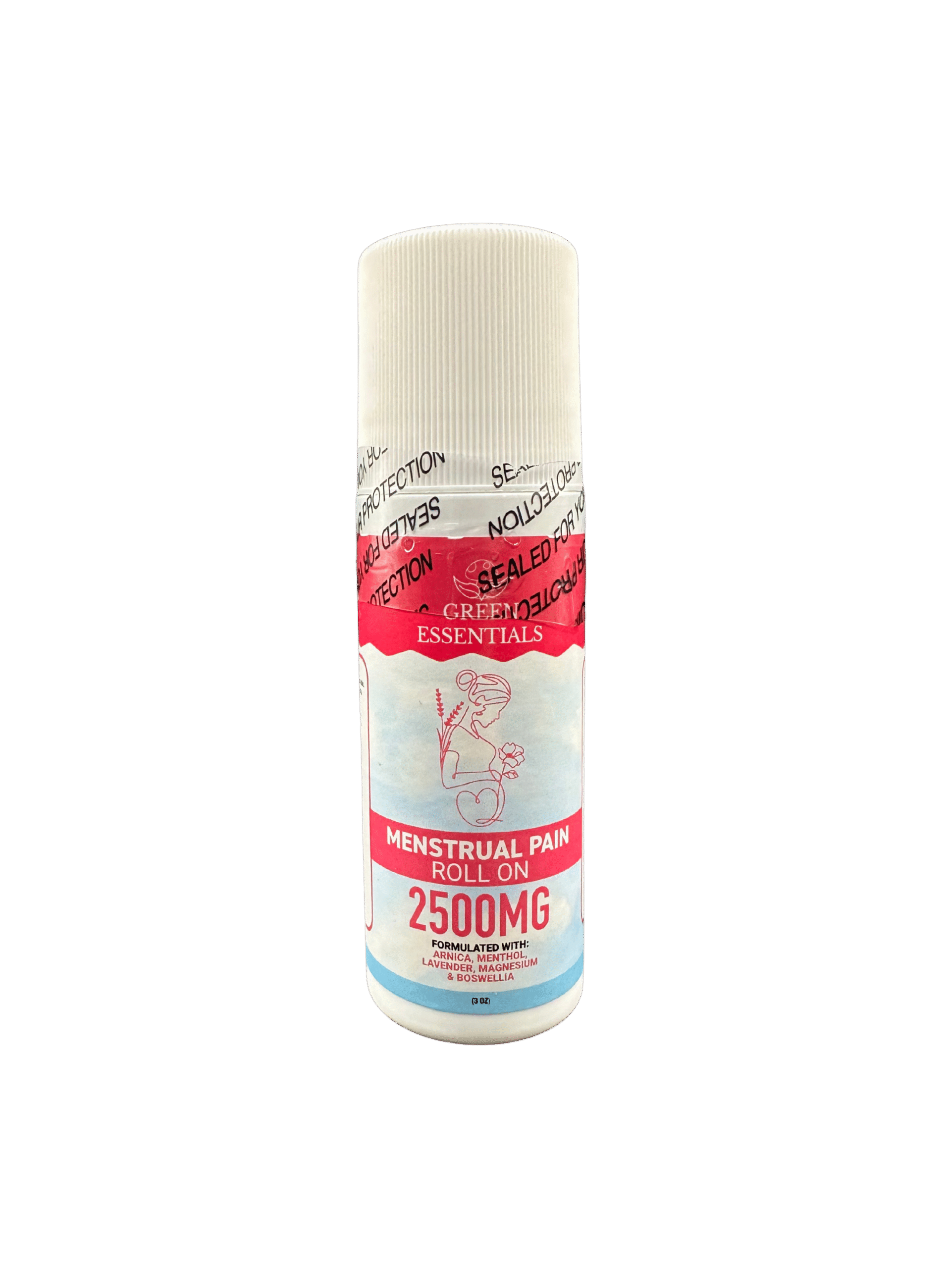 Menstrual Pain Roll On with 2500mg CBD, arnica, menthol, lavender, magnesium, and Boswellia for soothing cramps and discomfort