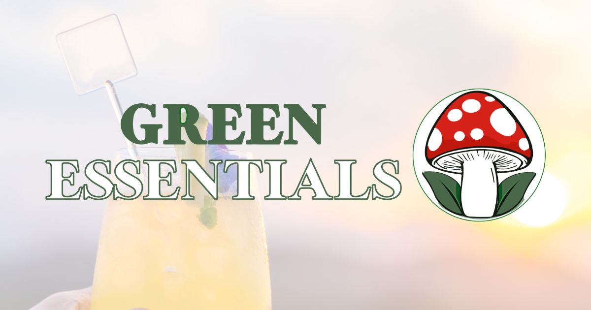Herbal supplement background with the text Green Essentials and the phrase Building Natural Focus and Daytime Momentum with Mushroom Blends alongside a mushroom logo.