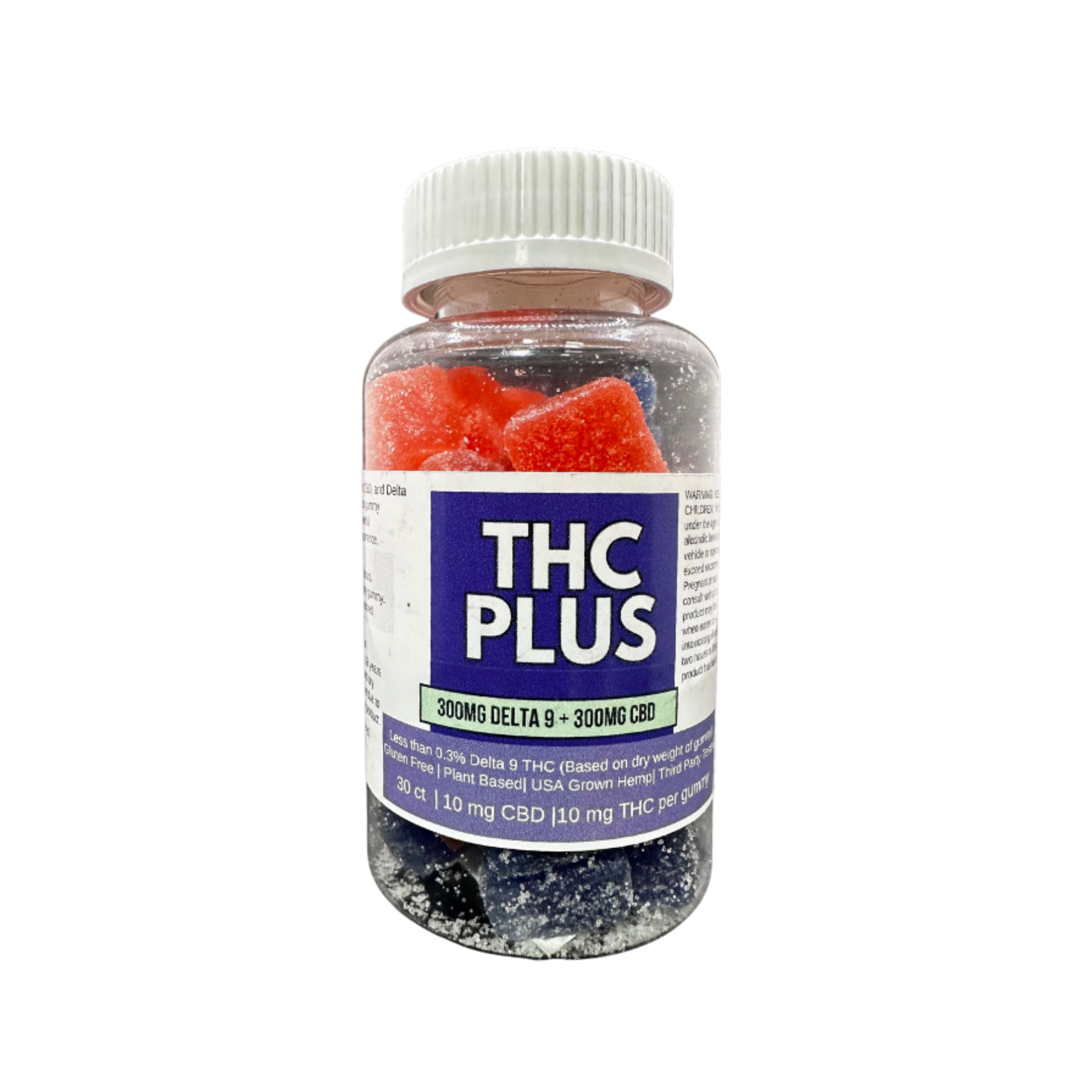 Bottle of THC Plus gummies with 300mg Delta 9 and 300mg CBD, featuring a vibrant label and colorful gummy contents, representing wellness product offerings by Green Essentials Naturally.